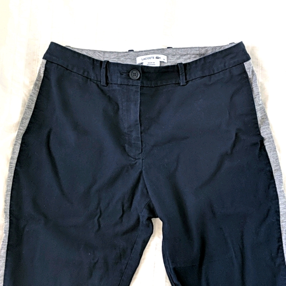 Lacoste navy pants with gray side stripe